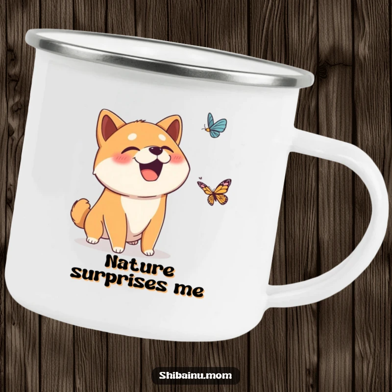 Funny camping mug with a surprised Shiba Inu dog giggling at a falling butterfly, perfect for outdoor use and sharing a smile.