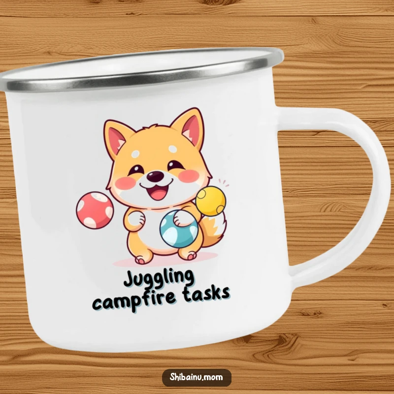 Funny Shiba Inu Camping Mug: A happy Shiba Inu juggles colorful balls, perfect for entertaining outdoor moments.