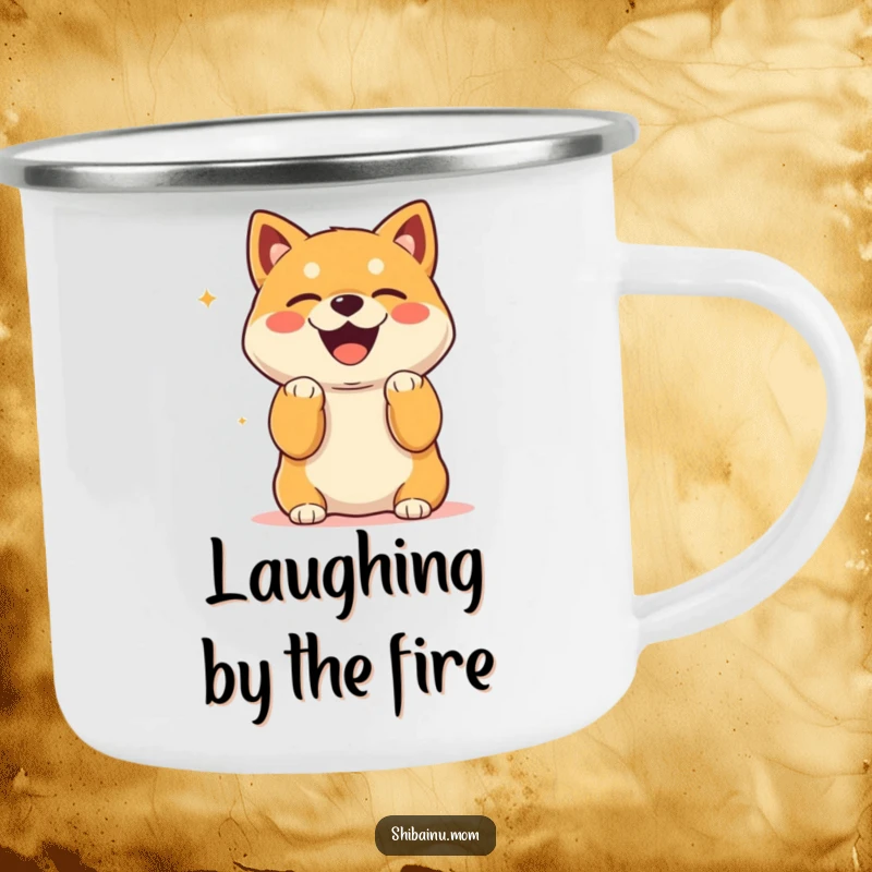 Funny Kawaii Shiba Inu Camping Mug with paws up, laughing heartily, for outdoor fun.