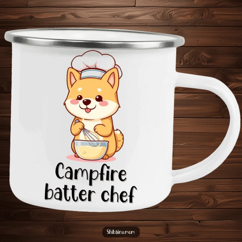 Funny Shiba Inu dog wearing a chef hat and whisking batter, enjoying the outdoors from a camping mug.