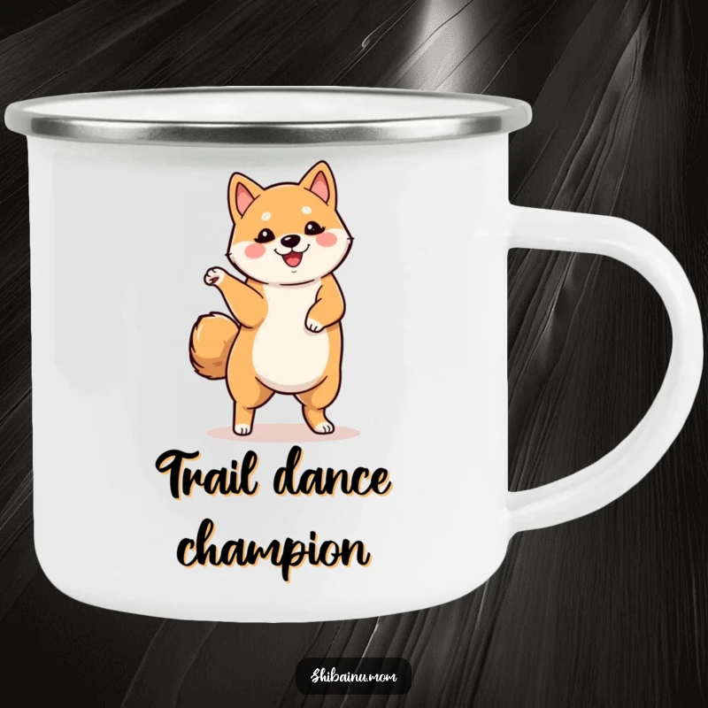 Funny camping mug with a Shiba Inu dancing with one leg lifted, designed for durability and bringing a playful, humorous spirit to outdoor activities.