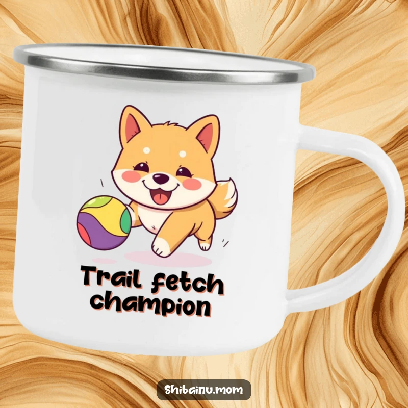 Funny Kawaii Shiba Inu camping mug featuring a cheerful puppy chasing a colorful ball, ideal for outdoor adventures and warm drinks.