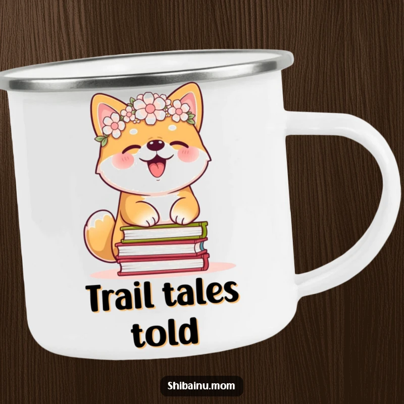 Funny Shiba Inu camping mug, flower crown, giggling while balancing books, durable and humorous for outdoor enthusiasts, a great funny gift.