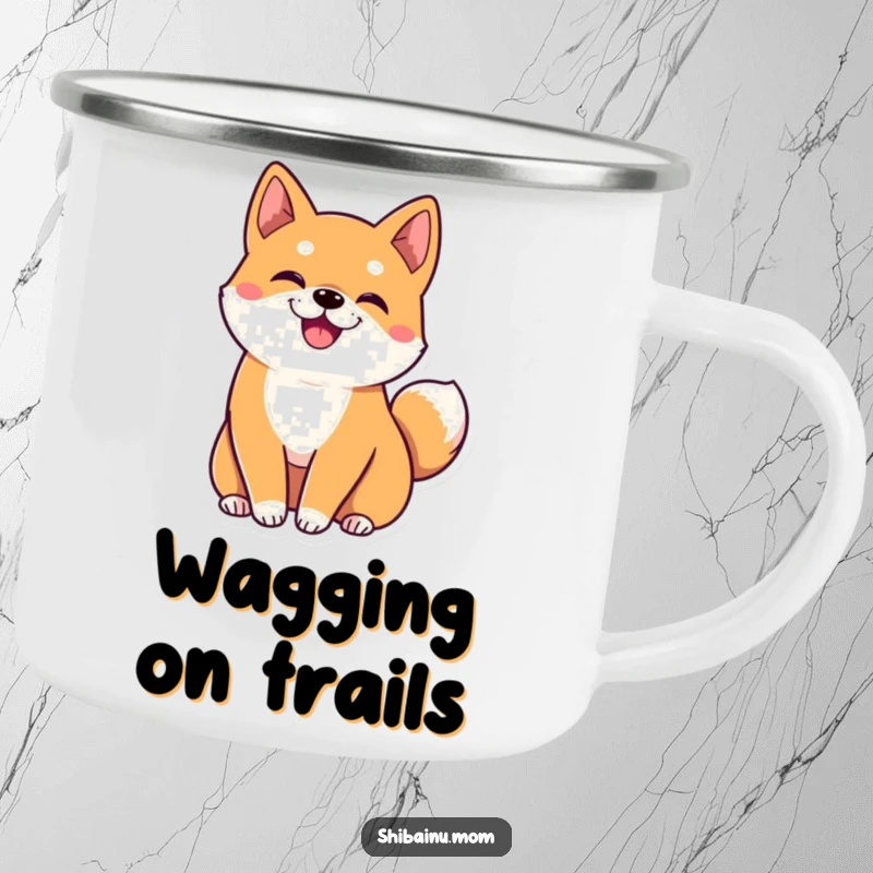 Funny kawaii Shiba Inu camping mug featuring big ears and a tail wiggling happily, designed for rugged charm and outdoor enjoyment.
