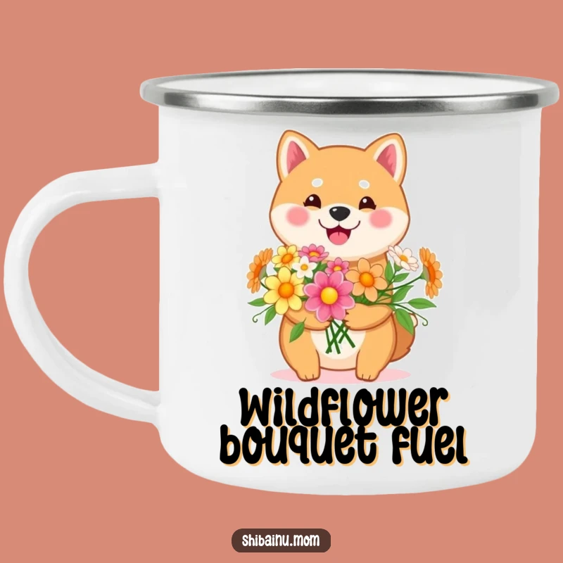 Funny Kawaii Shiba Inu Flower Camping Mug: Happy Pup with Bouquet for Adventures!