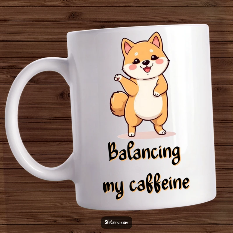 Funny mug featuring a Shiba Inu joyfully dancing with one leg lifted, embodying playful movement and infectious happiness for dog lovers.