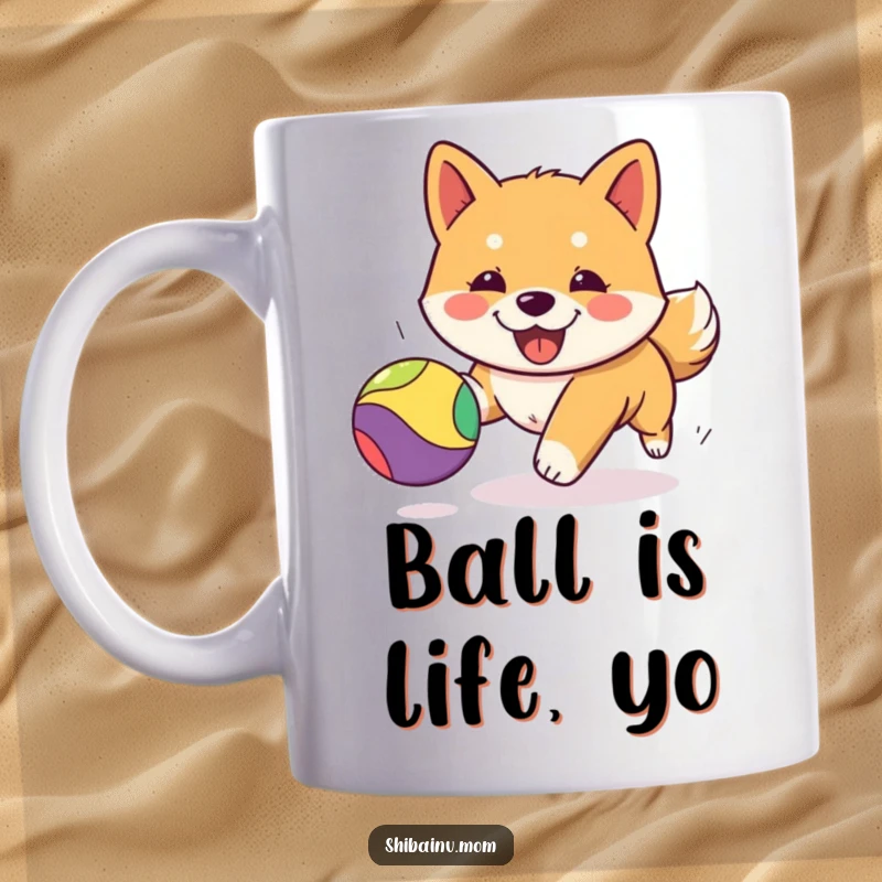 Funny Kawaii Shiba Inu puppy joyfully chasing a vibrant, bouncing ball, capturing a moment of pure canine happiness and playful energy.