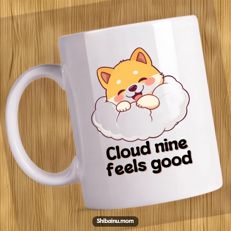 Funny Shiba Inu mug showing a happy dog embracing a massive, soft cloud with immense pleasure and delight.