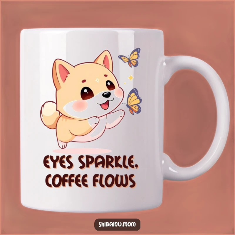 Funny Shiba Inu Butterfly Mug: Sparkling Eyes, Chasing Fun, Joyful Dog Gift