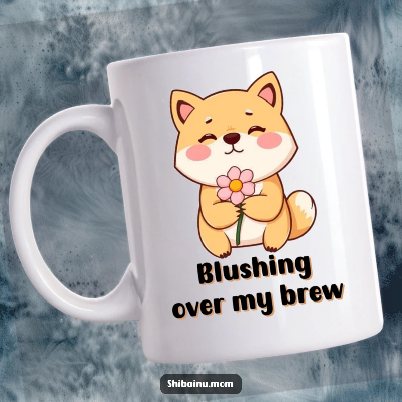 Funny bashful Shiba Inu mug showing a shy dog with rosy cheeks offering a single flower with a gentle expression.