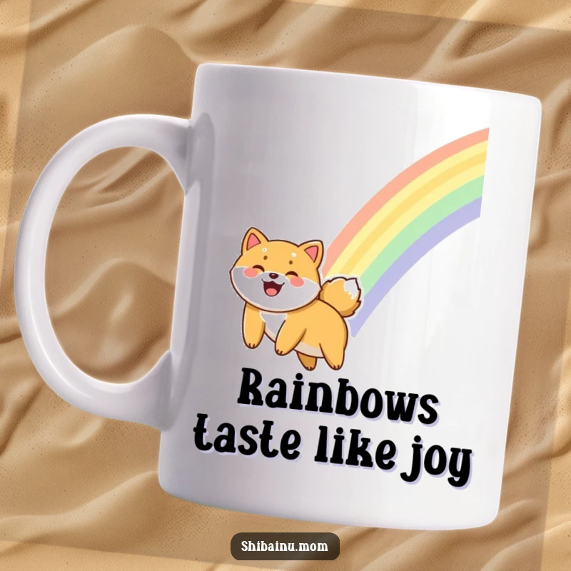 Funny giggling Shiba Inu mug showing a dog sliding down a vibrant rainbow with a joyful expression and glee.