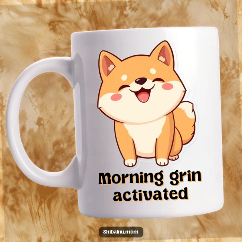 Funny Kawaii Shiba Inu mug showcasing a dog with an infectious silly grin, striking a confident and playful pose.