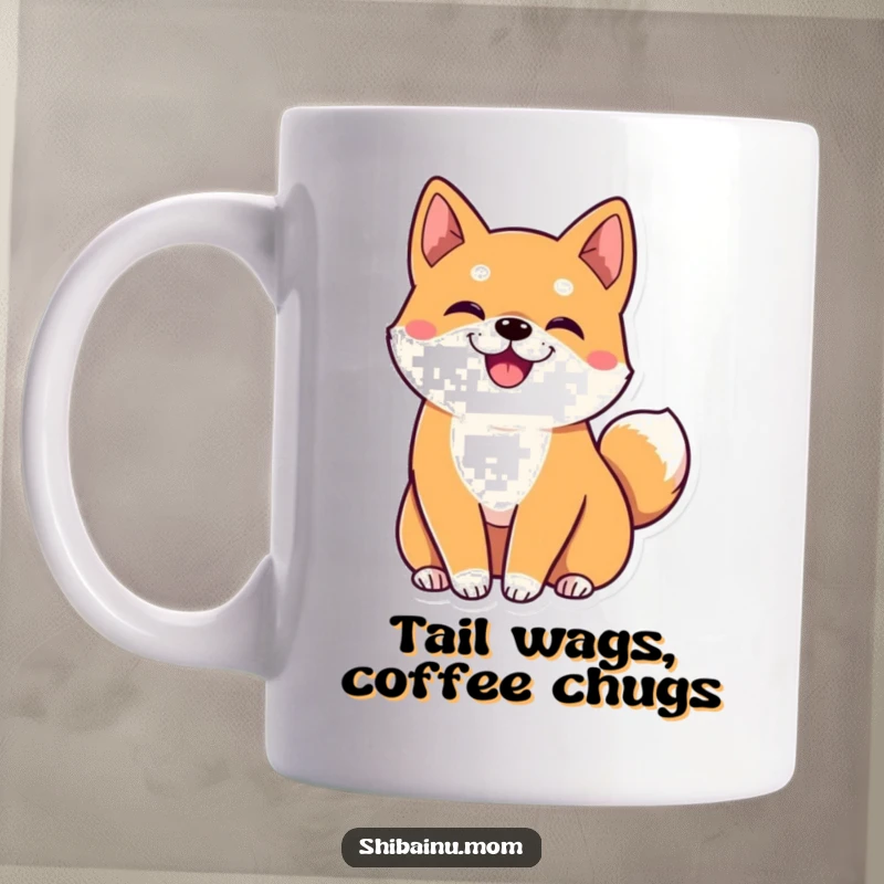 Funny kawaii Shiba Inu mug with big ears, happily wiggling its tail, spreading joy and cuteness, perfect for dog lovers.