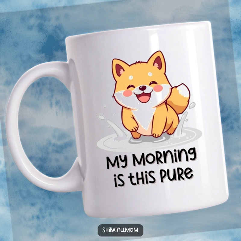 Funny Kawaii Shiba Inu mug depicting a joyful doggle gleefully splashing water with a huge, happy grin.