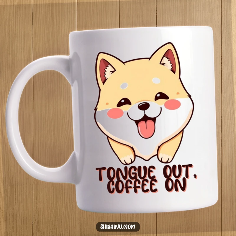 Funny Kawaii Shibainu mug featuring a cute dog face with its tongue playfully sticking out, capturing pure happiness.