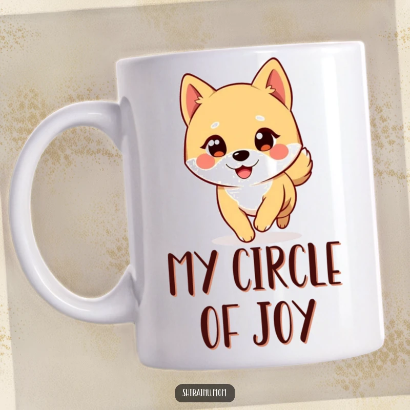Funny Shiba Inu Mug: A big-eyed Shiba Inu winks mischievously while playfully spinning in a comical tail-chasing frenzy.