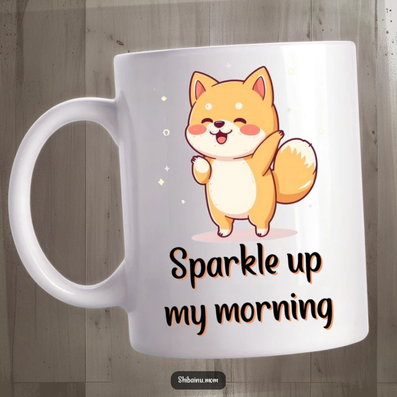 Funny Shiba Inu mug showing a dog doing a happy little dance with sparkly, shimmering magic floating all around it, full of glee.