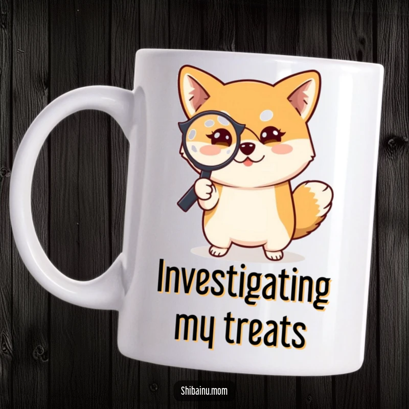 Funny Shiba Inu dog mug, intently examining something with a magnifying glass, a mischievous glint in its eye, on the hunt.