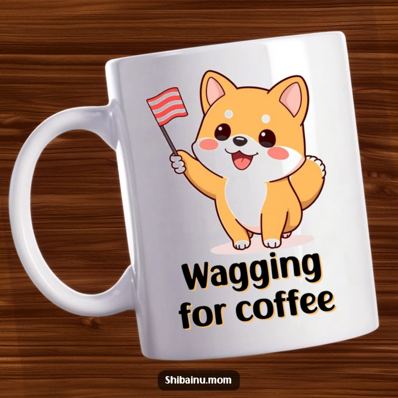 Funny Shiba Inu mug, a dog enthusiastically waves a small striped flag, representing energetic cheering and spirited support.