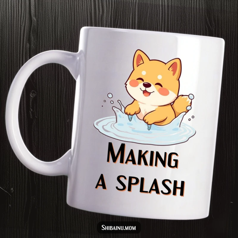 Funny Shiba Inu Mug featuring a dog gleefully splashing in a bubbly puddle. Captures pure joy, a great funny gift.