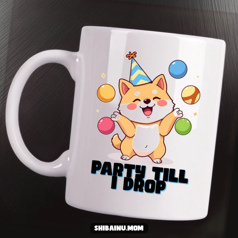 Funny Shiba Inu mug, wearing a party hat, enthusiastically juggling three colorful balls, celebrating with joy and energy, a perfect funny gift.