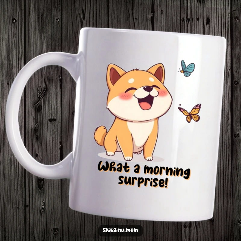 Funny mug showing a surprised Shiba Inu dog with its mouth open in a giggle, reacting to a falling butterfly, capturing a moment of pure amusement.