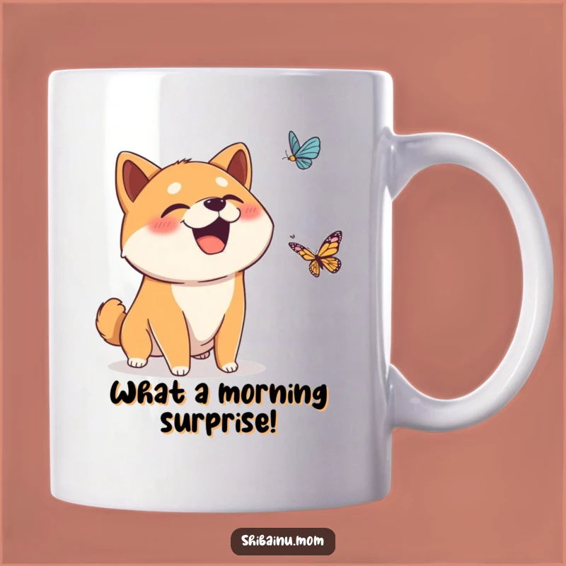 Funny Surprised Shiba Inu Giggle Mug - Hilarious Butterfly Encounter Gift