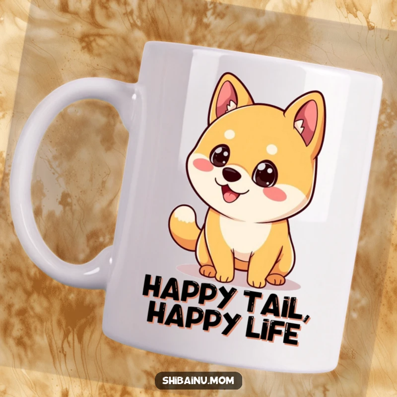 Funny Kawaii Shiba Inu Mug with big eyes, joyfully wagging its tail, a picture of pure happiness.