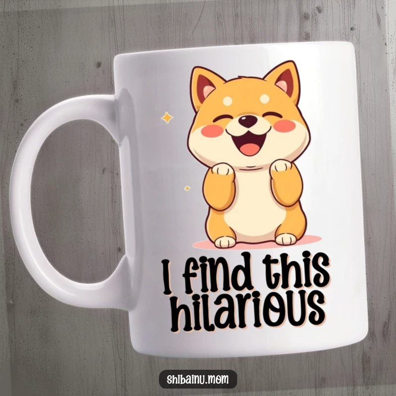 Funny Kawaii Shiba Inu Mug with paws up, laughing heartily at something unseen, a picture of pure mirth.