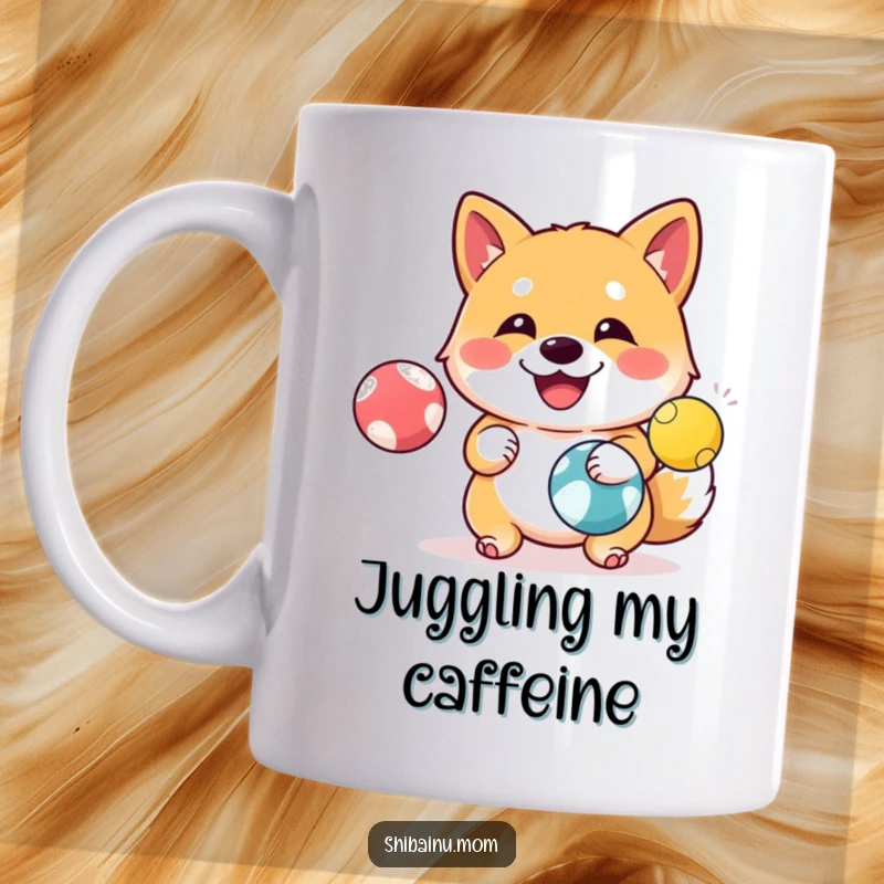 Funny Shiba Inu Mug: A happy Shiba Inu skillfully juggles three colorful balls with impressive dexterity and a cheerful grin.