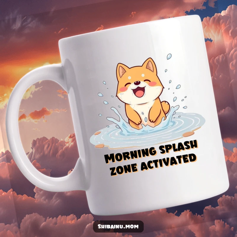 Funny mug showing a Shiba Inu dog joyfully splashing in a puddle, with water droplets flying everywhere, capturing pure canine delight.