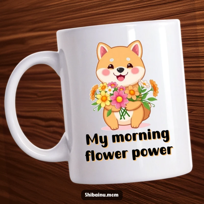 Funny Kawaii Shiba Inu mug featuring a happy dog holding a vibrant bouquet of cheerful flowers. A sweet and delightful design for a funny gift.