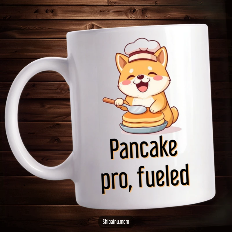 Funny Shiba Inu wearing a tiny chef hat, joyfully flipping a pancake mid-air, showcasing culinary skill with a humorous doggy grin.