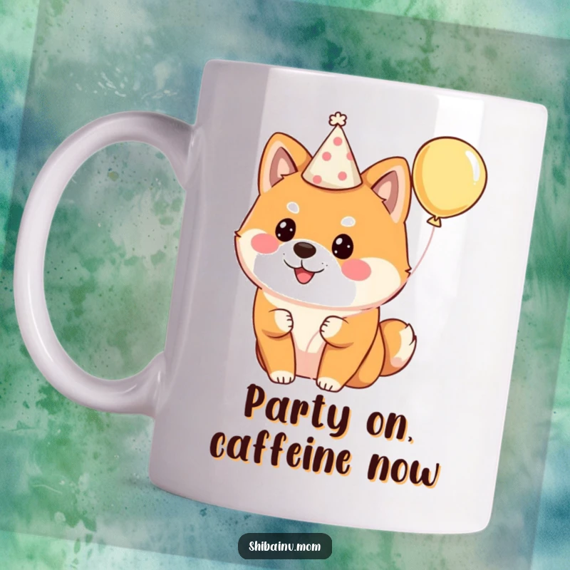 Funny Shiba Inu mug featuring a fluffy dog wearing a small party hat and holding a balloon, ready for a fun celebration.