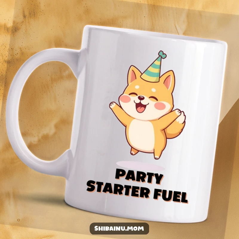 Funny Shiba Inu Mug: A Shiba Inu wearing a tiny party hat leaps joyfully, radiating happiness and infectious fun.