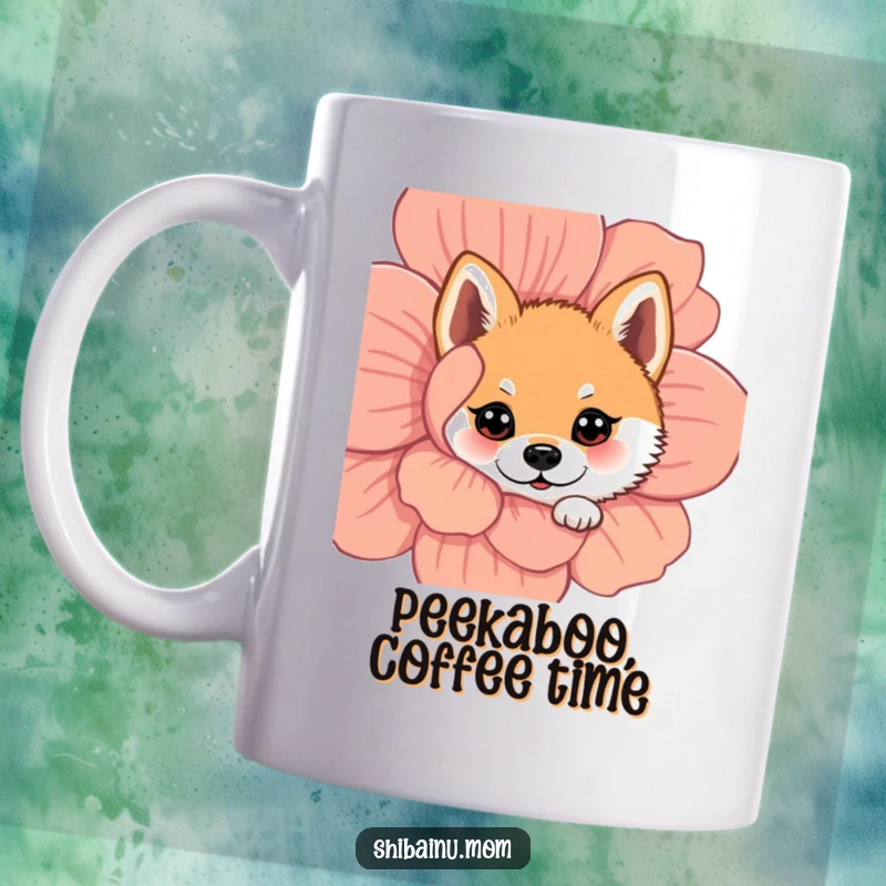 Funny Shiba Inu mug featuring a dog peeking with wide eyes from behind a large, colorful flower, looking utterly charming.