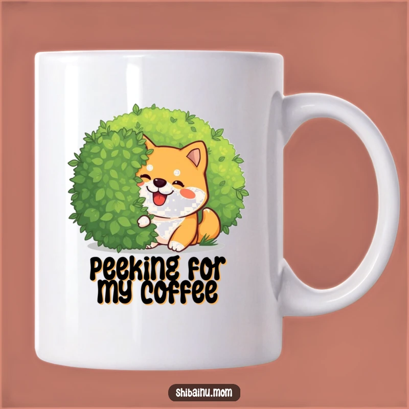 Funny Kawaii Shiba Inu Peeking Mug: Giggling Pup Behind Bush, Perfect Gift!