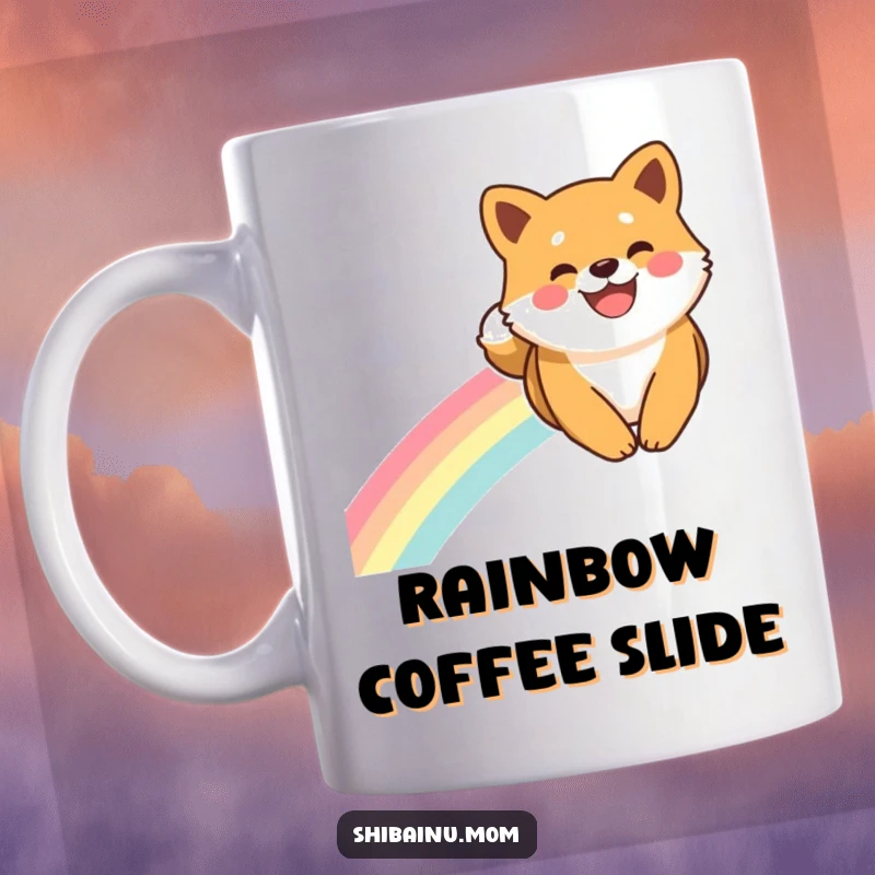 Funny Shiba Inu Mug: A happy Shiba Inu with a wide smile gleefully slides down a vibrant rainbow.