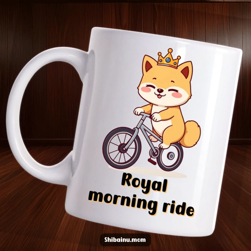 Funny Shiba Inu unicycle mug, a crowned dog winks confidently while balancing on a unicycle, showcasing regal silliness.