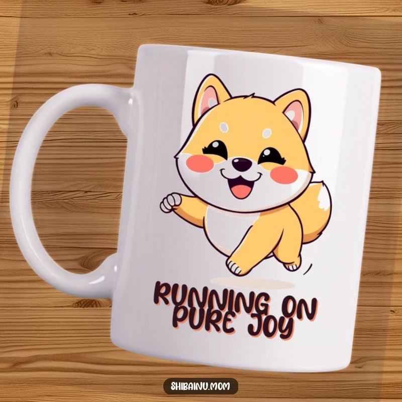 Funny Kawaii Shiba Inu mug featuring a goofy-faced dog running with unbridled joy. A vibrant and happy design for a delightful funny gift.