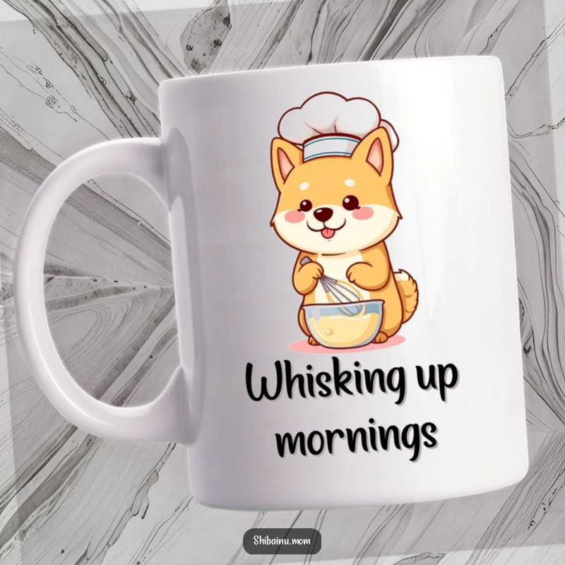 Funny Shiba Inu dog wearing a tiny chef hat and happily whisking batter, looking like a pro chef on a mug.