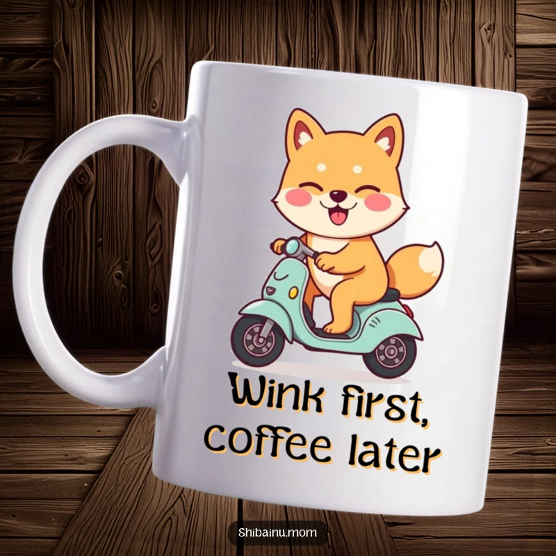 Funny Shiba Inu dog mug, winking playfully, riding a tiny scooter with glee, showcasing a happy and cool canine.