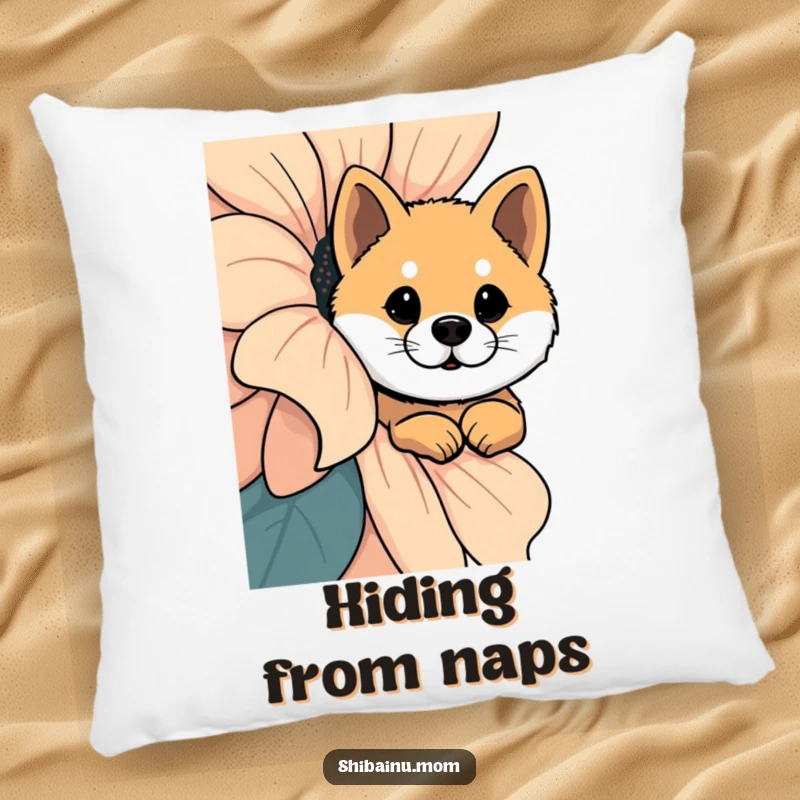 Funny Shiba Inu Pillow: A Shiba Inu curiously peeks from behind a giant flower, bringing a soft touch of wonder.
