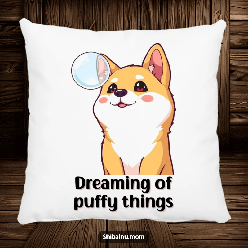 Funny Shiba Inu pillow, a curious dog looks up at a floating bubble, depicting cheerful innocence and plush comfort.
