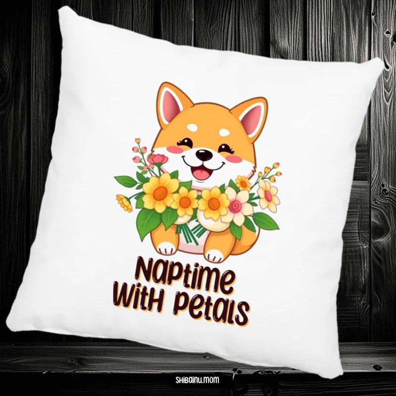 Funny Shiba Inu pillow, a smiling dog holds flowers, offering cheerful comfort and plush delight.