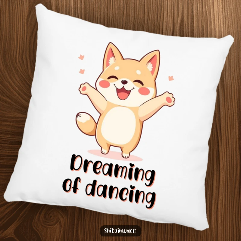 Funny Shibainu pillow featuring a dog performing a happy dance with paws in the air, offering comfort and cheer.