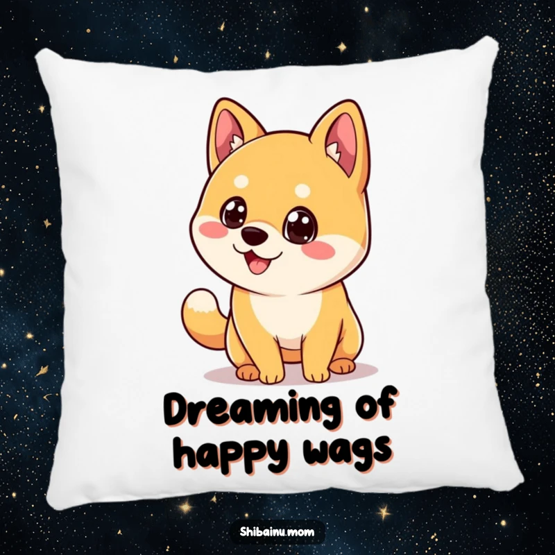 Funny Kawaii Shiba Inu Pillow, featuring a dog with big eyes joyfully wagging its tail, for ultimate comfort.