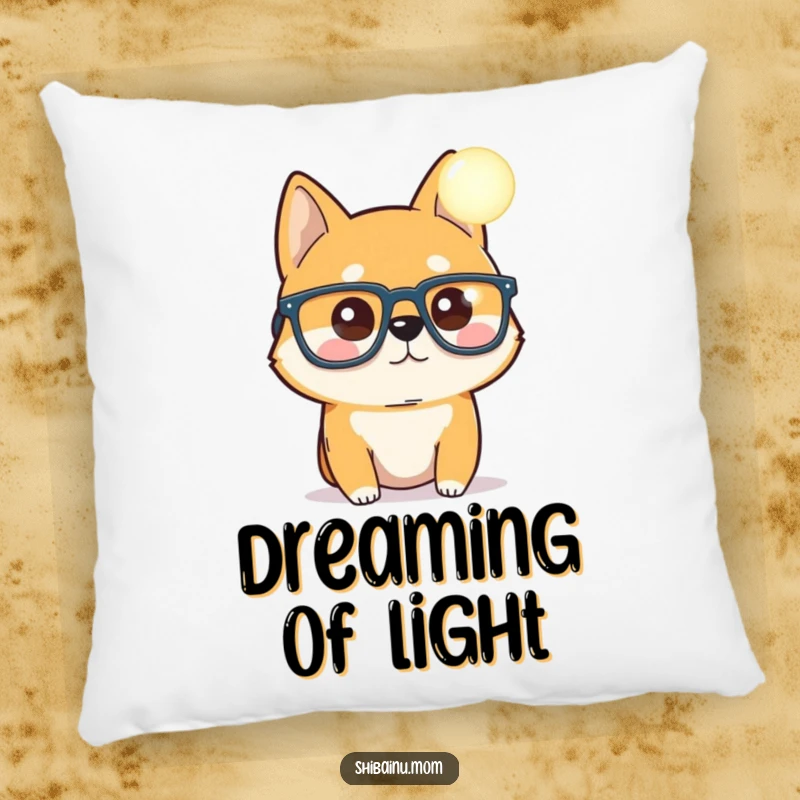 Funny Shiba Inu pillow, oversized glasses, looking curiously at a glowing orb, soft and humorous decor, a perfect funny gift.