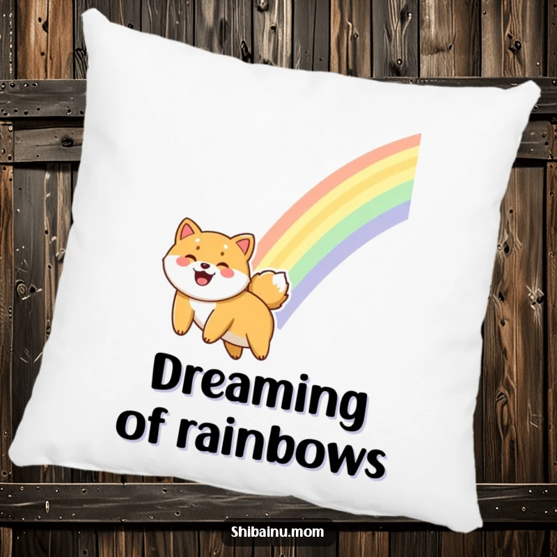 Funny Shiba Inu pillow featuring a dog sliding down a vibrant rainbow, embodying pure giggles and delight.