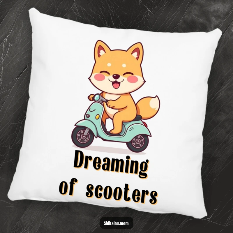 Funny Shiba Inu dog pillow, winking slyly, riding a tiny scooter, featuring a happy and cool dog, perfect for lounging.